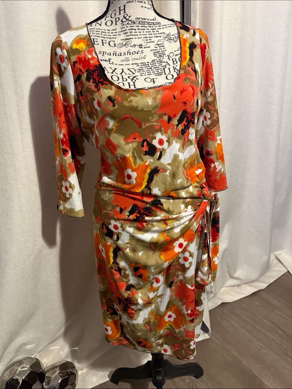 Monroe & Main Floral Side Tie 3/4 Sleeve Dress Sz S